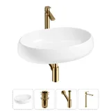 Накладная раковина для ванной 60 см Lavinia Boho Sink 20215105R в наборе 4 в 1: керамическая раковина (белый глянец), донный клапан, сифон, смеситель (цвет набора золото)