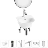 Подвесная раковина для ванной или туалета Lavinia Boho Sink 20219905R в наборе 6 в 1: маленькая раковина 34 см (белый глянец), донный клапан, сифон, смеситель, вентили, зеркало (набор хром)
