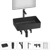 Черная накладная раковина для ванной 50 см Wellsee Festive Fox 2.0 20218076R в наборе 6 в 1: прямоугольная раковина, донный клапан, сифон, смеситель, вентили 2 шт, зеркало (цвет набора матовый черный)