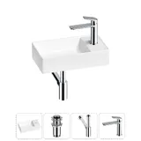 Маленькая раковина в туалет Wellsee WC Area 20213618R в наборе 4 в 1: узкая мини-раковина 41 см (белый глянец), донный клапан, сифон, смеситель (цвет набора хром)