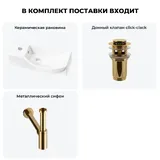 Подвесная мини раковина в туалет Lavinia Boho Sink 20216083R в наборе 3 в 1: настенная раковина 45 см (белый глянец), донный клапан, сифон (цвет набора золото)