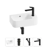 Настенная раковина для ванной или туалета Lavinia Boho Sink 20216506R в наборе 4 в 1: подвесная раковина 45 см (белый глянец), донный клапан, сифон, смеситель (цвет набора матовый черный)