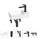 Маленькая раковина в туалет Wellsee WC Area 20213623R в наборе 5 в 1: узкая мини-раковина 41 см (белый глянец), донный клапан, сифон, смеситель, вентили (цвет набора матовый черный)