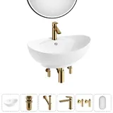 Накладная раковина для ванной 59 см Lavinia Boho Sink 20219291R в наборе 6 в 1: керамическая раковина (белый глянец), донный клапан, сифон, смеситель, вентили, зеркало (цвет набора золото)