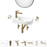 Подвесная мини раковина в туалет Lavinia Boho Sink 20219631R в наборе 7 в 1: настенная раковина 45 см (белый глянец), донный клапан, сифон, смеситель, вентили, зеркало, аксессуары (золото)