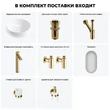 Раковина чаша для ванной накладная Lavinia Boho Bathroom Sink 20219247R в наборе 7 в 1: раковина 40 см (белый глянец), донный клапан, сифон, смеситель, вентили, зеркало, аксессуары (набор золото)