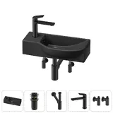 Подвесная мини раковина в туалет Lavinia Boho Sink 20216103R в наборе 5 в 1: настенная раковина 45 см, донный клапан, сифон, смеситель, вентили 2 шт (матовый черный)