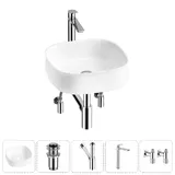 Накладная раковина для ванной Lavinia Boho Bathroom Sink 20215456R в наборе 5 в 1: раковина 42 см (белый глянец), донный клапан, сифон, смеситель, вентили (цвет набора хром)