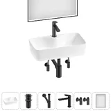 Узкая раковина накладная для ванной Lavinia Boho Sink 20219354R в наборе 6 в 1: раковина 54 см (белый глянец), донный клапан, сифон, смеситель, вентили, зеркало (цвет набора матовый черный)