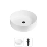 Маленькая раковина чаша для ванной Wellsee Coax 20213864R в наборе 2 в 1: накладная раковина 30 см (белый глянец), донный клапан в цвете матовый черный