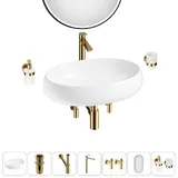Накладная раковина для ванной 60 см Lavinia Boho Sink 20219271R в наборе 7 в 1: керамическая раковина (белый глянец), донный клапан, сифон, смеситель, вентили, зеркало, аксессуары (золото)