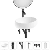 Накладная раковина для ванной 50 см Lavinia Boho Sink 20219250R в наборе 6 в 1: узкая раковина (белый глянец), донный клапан, сифон, смеситель, вентили, зеркало (цвет набора матовый черный)