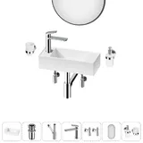 Мини раковина в туалет подвесная Lavinia Boho Sink 20219727R в наборе 7 в 1: узкая раковина 43 см (белый глянец), донный клапан, сифон, смеситель, вентили 2 шт, зеркало, аксессуары (хром)