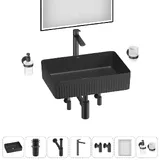 Черная накладная раковина для ванной 50 см Wellsee Festive Fox 2.0 20218079R в наборе 7 в 1: прямоугольная раковина, донный клапан, сифон, смеситель, вентили 2 шт, зеркало, аксессуары (набор черный)