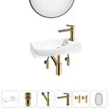 Подвесная мини раковина в туалет Lavinia Boho Sink 20219669R в наборе 6 в 1: настенная раковина 50 см (белый глянец), донный клапан, сифон, смеситель, вентили, зеркало (набор золото)