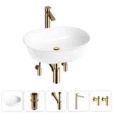Накладная раковина для ванной 50 см Wellsee Brillant iCon 20214629R в наборе 5 в 1: раковина (белый глянец), донный клапан, сифон, смеситель, вентили 2 шт (цвет набора золото)