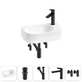 Маленькая раковина в туалет подвесная Lavinia Boho Sink 20216314R в наборе 5 в 1: узкая раковина 40 см (белый глянец), донный клапан, сифон, смеситель, вентили (цвет набора матовый черный)