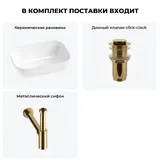 Накладная раковина для ванной 46 см Lavinia Boho Sink 20215197R в наборе 3 в 1: подвесная раковина 39 см (белый), заглушка на переливдонный клапан, сифон (цвет набора золото)