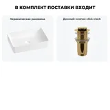 Накладная раковина матовая белая Wellsee FreeDom 2.0 20214457R в наборе 2 в 1: узкая раковина 50 см, донный клапан в цвете золото