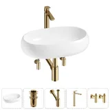 Накладная раковина для ванной 56 см Lavinia Boho Sink 20215093R в наборе 5 в 1: узкая раковина (белый глянец), донный клапан, сифон, смеситель, вентили (цвет набора золото)