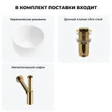 Глубокая раковина для ванной Wellsee Fontenay Paris 20214061R в наборе 3 в 1: накладная раковина 39 см (белый глянец), донный клапан, сифон (цвет набора золото)