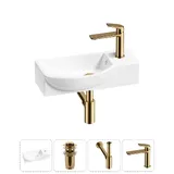 Подвесная мини раковина в туалет Lavinia Boho Sink 20216115R в наборе 4 в 1: настенная раковина 45 см (белый глянец), донный клапан, сифон, смеситель (цвет набора золото)