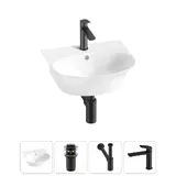 Подвесная раковина для ванной Lavinia Boho Sink 20216674R в наборе 4 в 1: керамическая раковина 46 см (белый глянец), донный клапан, сифон, смеситель (цвет набора матовый черный)