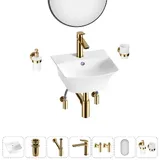 Навесная раковина для ванной или туалета Lavinia Boho Sink 20219953R в наборе 7 в 1: маленькая раковина 35 см (белый глянец), донный клапан, сифон, смеситель, вентили, зеркало, аксессуары (золото)
