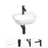 Подвесная раковина для ванной или туалета Wellsee WC Area 20212194R в наборе 4 в 1: мини раковина 42 см (белый глянец), донный клапан, сифон, смеситель (цвет набора матовый черный)
