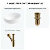 Накладная раковина для ванной 50 см Lavinia Boho Sink 20215069R в наборе 3 в 1: узкая раковина (белый глянец), донный клапан, сифон (цвет набора золото)