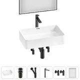 Накладная раковина для ванной 55 см Lavinia Boho Sink 20219330R в наборе 6 в 1: керамическая раковина (белый глянец), донный клапан, сифон, смеситель, вентили, зеркало (цвет набора матовый черный)