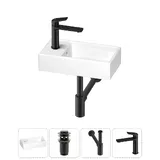 Маленькая раковина в туалет подвесная Wellsee WC Area 202010496 в наборе 4 в 1: узкая мини раковина 40 см, донный клапан, сифон, смеситель (цвет набора матовый черный)