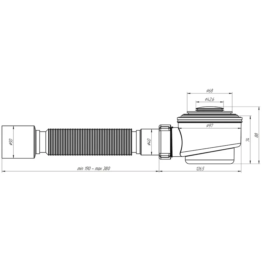 E415CL Сифон для душевого поддона АНИ пласт E415CL 1 1/2 дюйма 50 мм с гибкой трубой 375х40х50 мм