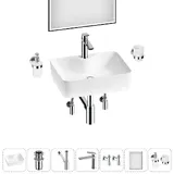 Накладная раковина на столешницу для ванной Lavinia Boho Sink 20219349R в наборе 7 в 1: раковина 48 см (белый глянец), донный клапан, сифон, смеситель, вентили, зеркало, аксессуары (хром)