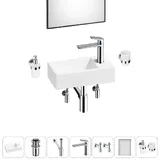 Узкая раковина в туалет подвесная Lavinia Boho Sink 20219573R в наборе 7 в 1: мини раковина 40 см (белый глянец), донный клапан, сифон, смеситель, вентили 2 шт, зеркало, аксессуары (хром)