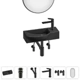 Подвесная мини раковина в туалет Lavinia Boho Sink 20219648R в наборе 6 в 1: настенная раковина 45 см, донный клапан, сифон, смеситель, вентили 2 шт, зеркало (матовый черный)