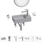 Маленькая раковина в туалет Wellsee WC Area 20218126R в наборе 7 в 1: узкая мини-раковина 41 см (матовый серый), донный клапан, сифон, смеситель, вентили, зеркало, аксессуары (хром)