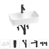 Узкая раковина накладная для ванной Lavinia Boho Sink 20215284R в наборе 5 в 1: раковина 54 см (белый глянец), донный клапан, сифон, смеситель, вентили (цвет набора матовый черный)